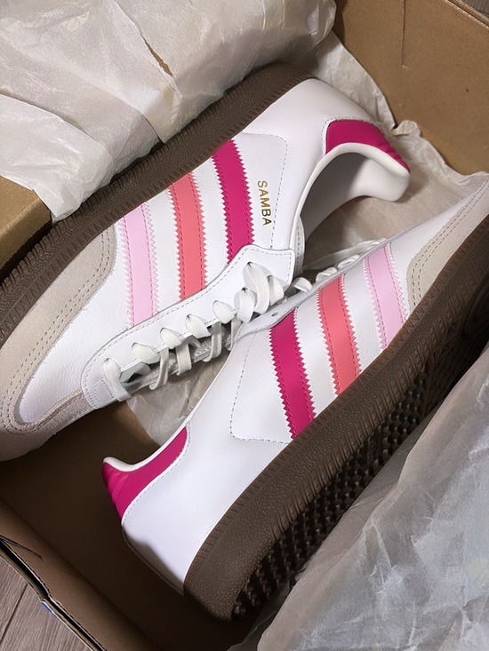 adidas Shoes - adidas Women’s White Sneakers with Pink Gradient Stripes. Brand new, never worn.